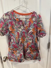 Vera Bradley Women's L Short Sleeve V-Neck Scrub Top Paisley Floral