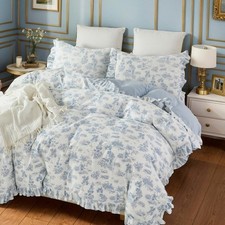 French Country Toile Queen Duvet Cover Set for Girl Women Bedroom Vintage Blue