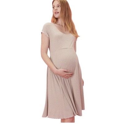 The Nines by Hatch Maternity Dress L Tan Black Striped Scoop Neck Midi Pocket