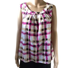 Talbots women's sleeveless blouse mod plaid pattern in black, pink, tan sz 16