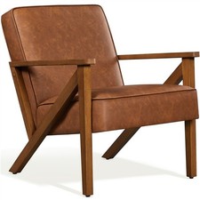 Faux Leather Armchair Lounge Chair with Z-shaped Wood Legs Extra-wide Seat Brown