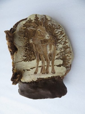 Rare Hand Carved Ram & calf in Birch Trees Conk Shelf Mushroom Fungus Folk Art