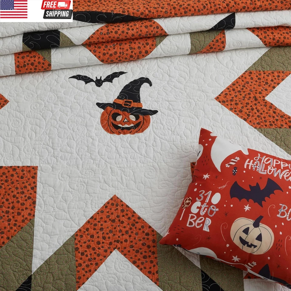 Halloween Quilt King Size Bedding Set 100% Cotton Embroidery Bats Pumpkin Festiv - Image 4 of 4