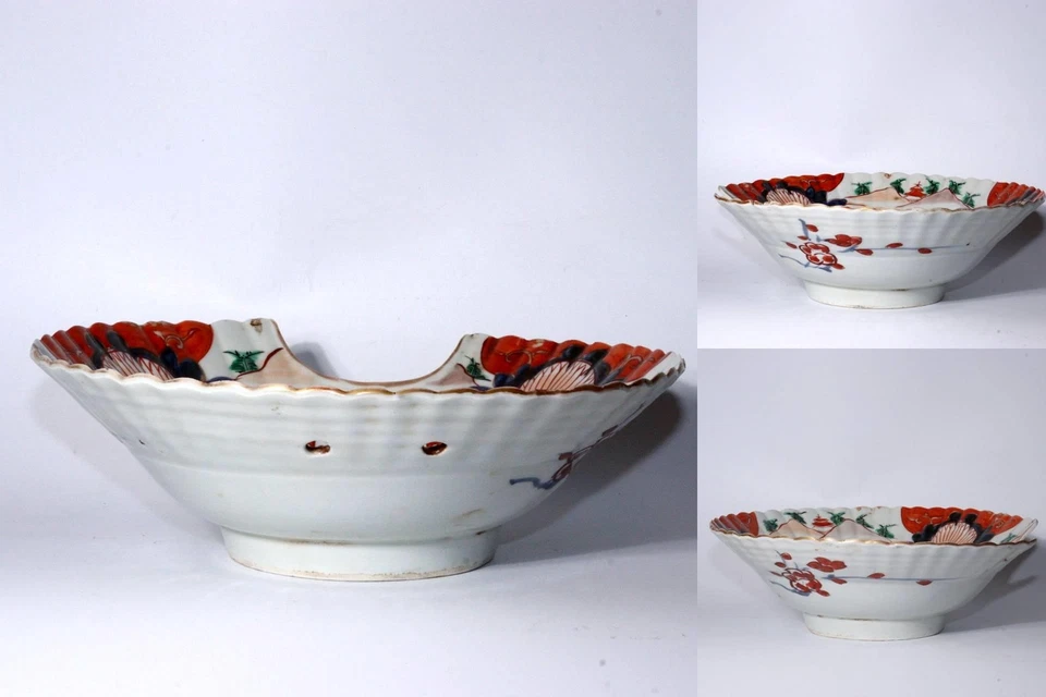 Antiguo cuenco de afeitar japonés Ko-Imari policromado Higezara porcelana 17C Arita Foto 4 de 4