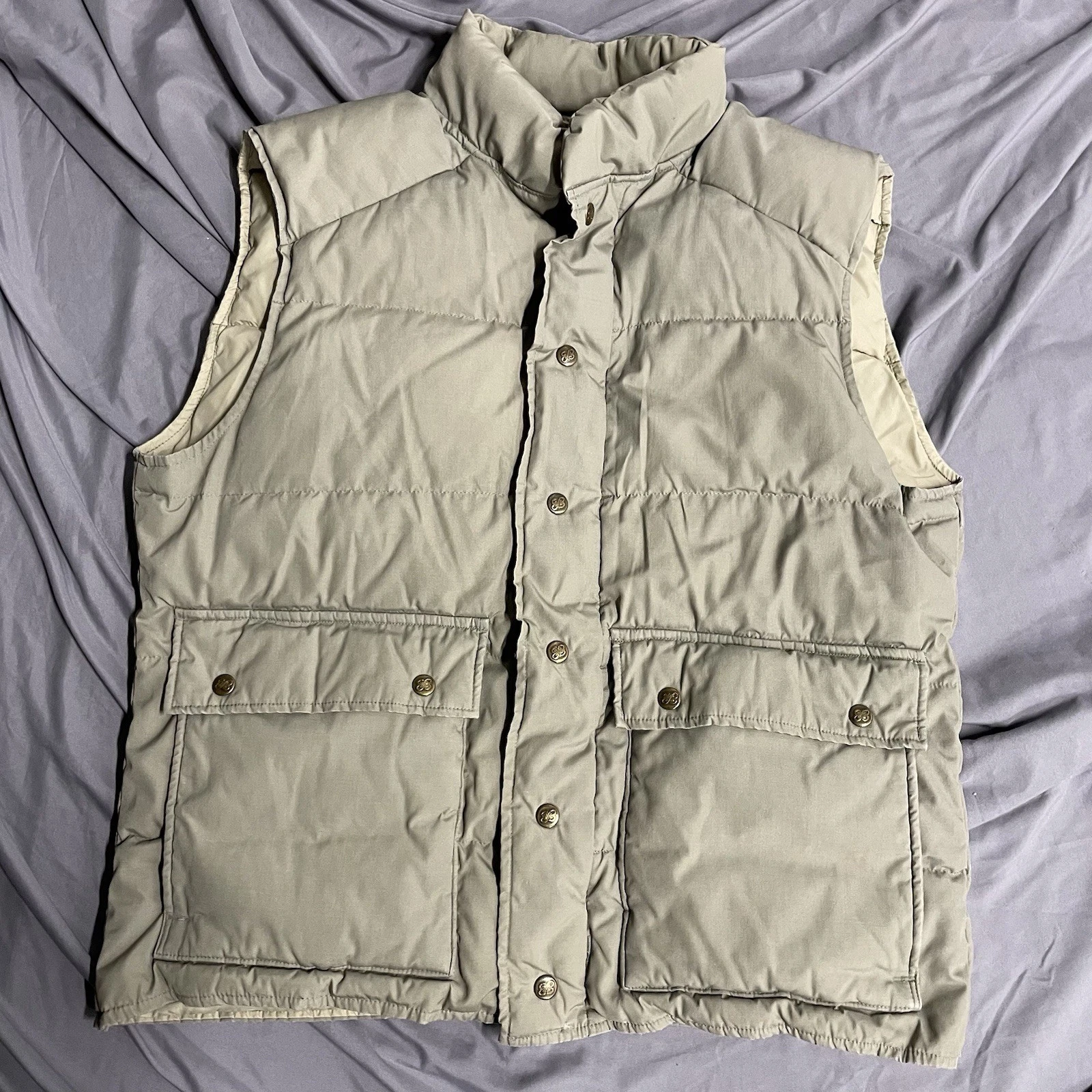 Vintage Eddie Bauer Vest Tan Full Zip Goose Down Puffer Outdoors Warm Sz XL READ