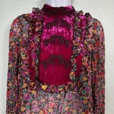 Anna Sui Vintage Bohemian Victorian style Top ruffles Velvet Silk Sheer size 6