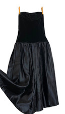 Vintage 1980s black strapless midi dress XS S velveteen satin formal goth prom