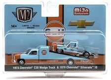 M2 Machines 73 Chevy C30 Wedge Ramp Truck 78 Chevy Silverado Squarebody Gulf
