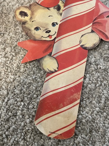 Bastone per caramelle natalizie Dennison fustellato 16" vintage anni 50-60 con orsetto - Foto 2 di 8