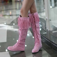 Moccasin Style Cord Lace-Up Boots - Flats / Fringe Accent