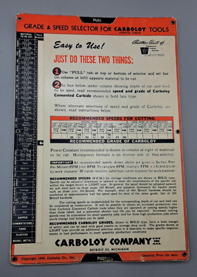 Grade & Speed Selector Carboloy Tools Slide Ruler Calculator Cutting Speed Scale
