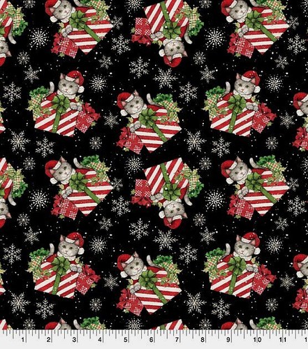 SUSAN WINGET Fabric - CAT PRESENTS on Black - BY THE HALF YARD - (18") - Picture 2 of 2