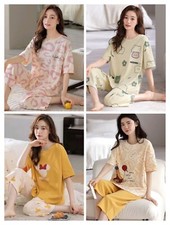 Women Cotton Cropped Pyjamas Ladies Short Sleeve Crop Pyjama Set PJs Nightwear