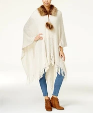 CEJON KNIT & FAUX-FUR POM-POM FOREST CAPE ONE SIZE ivory
