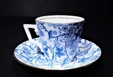 Antique 1886 Wileman & Co Blue Floral Transferware Demitasse Cup & Saucer