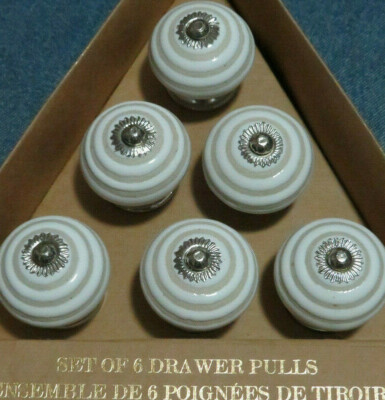 Ceramic Cabinet Knobs Cupboard Drawer Pull Set of 6 Tan & White