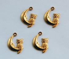VINTAGE BRASS PENDANT BEADS STAMPING 4 OWL on MOON CHARMS Red's Vintage Stuff!