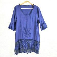 FLOWER Womens Dress Size 12 French Navy Blue Lace Trim 3/4 Sleeve Scoop Neck