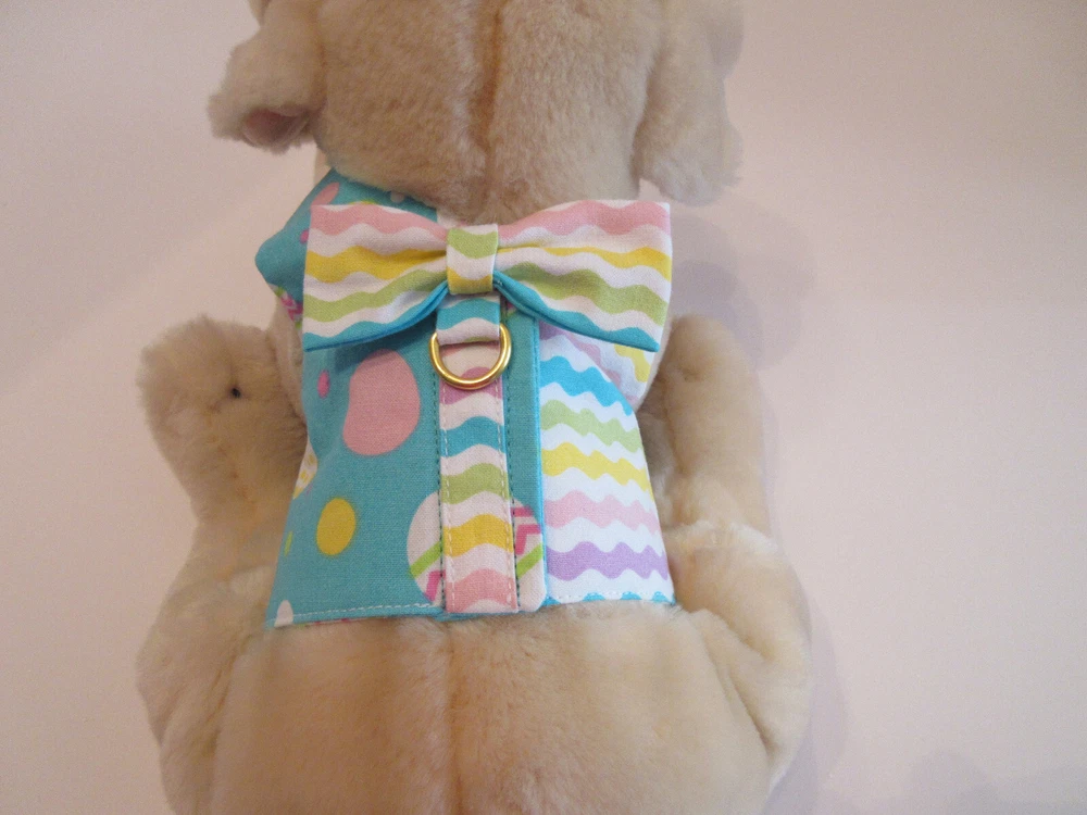 Dog harness vest Easter eggs blue pink yellow handmade xxs