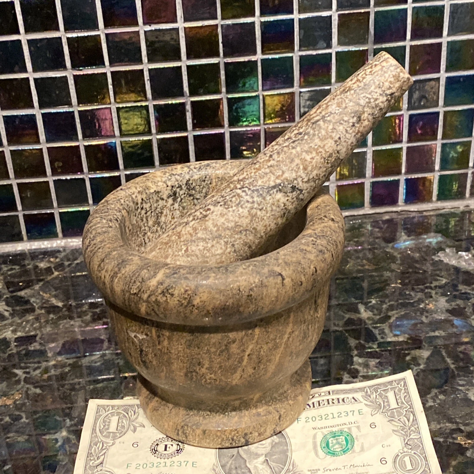 Vintage Apothecary Dentist Mortar & Pestle Granite Stoneware 3.5 Lbs. 1 Cup Cap.