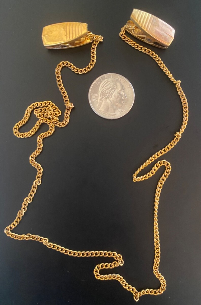 VTG GOLD TONE LONG CHAIN DOUBLE CLIP BAR TIE POCKET WATCH FOB