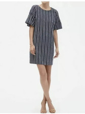 Banana Republic Navy Gray & White Stripe Shift Dress Flutter Bell Sleeve SZ 14