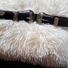 Women's Black Faux Leather Western Waist Belt Double Buckle Adjustable Size M