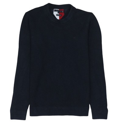 Tommy Hilfiger Herren Strickpullover blau Baumwolle Rundhals Waffelmuster L