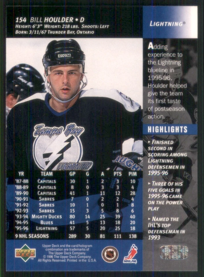 1996-97 Upper Deck #154 Bill Houlder Tampa Bay Lightning TW2183 - Image 2 of 2