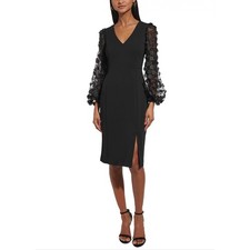 Eliza J Black Cocktail Dress Embroidered Floral Long Sleeve Midi Sheath Size 6