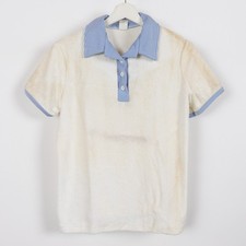 Vintage 70s Womens Terry Cloth Polo Shirt Ringer Beach Surf White Button Medium