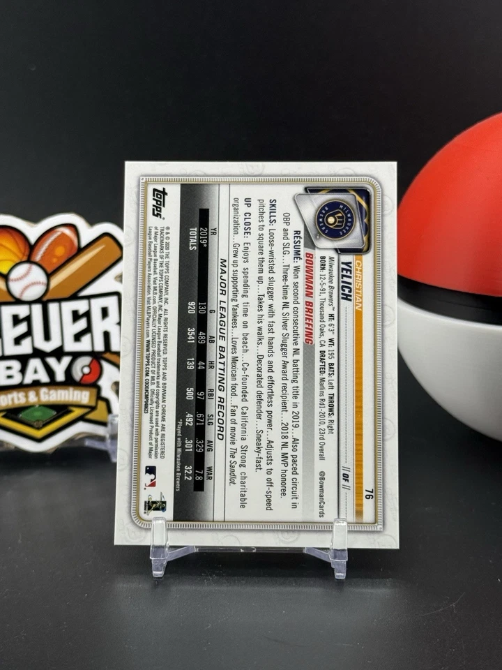 Christian Yelich 2020 Bowman Chrome True Red Refractor 1/5 #76 Brewers SP (CB) - Image 2 of 2