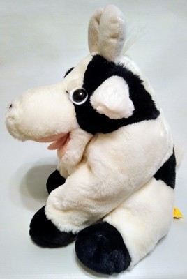 Vintage Cow Hand Puppet Black White Happiness Express Stuffed Plush 12'' 1995