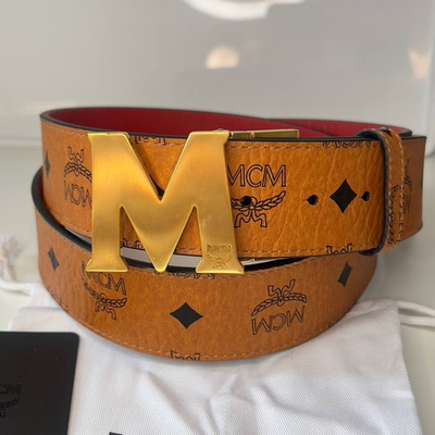 #ad Authentic MCM men#x27;s belt reversible brown amp; red leather belt gold buckle $165.00