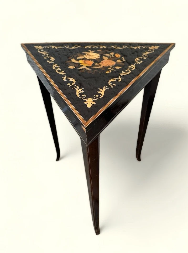 Vintage Italian Inlaid Triangular Accent Side Table, Floral Marquetry Wood - Image 3 of 4
