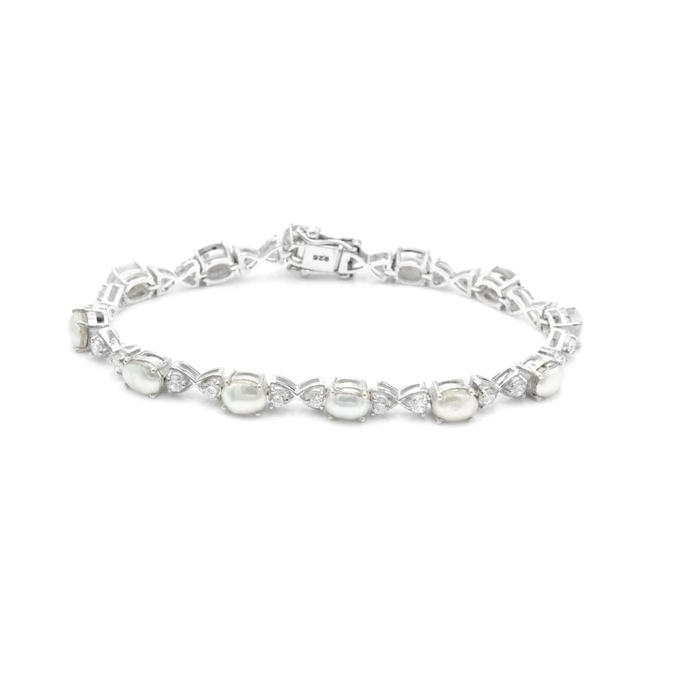 Pulseira de tênis feminina de prata esterlina 925 Pearl & CZ feita à mão - Imagem 2 de 4