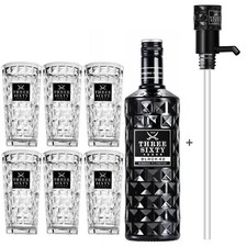 Three Sixty Black 42 Vodka 3L (42% Vol) + Pumpe + 6x Longdrink Gläser eckig 