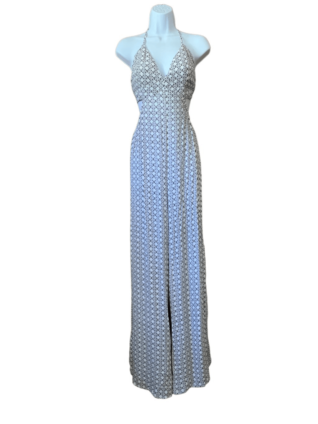 Boho Print Cutout Split Leg Jumpsuit in White and Gray Size M-image