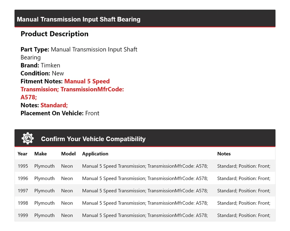 Cojinete de eje de entrada de transmisión manual de neón Timken delantero para Plymouth 1995-1999 Foto 2 de 4
