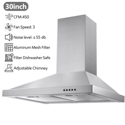 Tieasy 30 in Range Hood Wall Mount Vent Stainless Steel 450CFM w/LED 3-Speed Fan