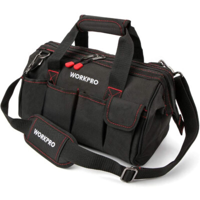 WORKPRO 16''/14''/12'' Wide Mouth Tool Bag Black Tool Storage Tote with Rubber Base