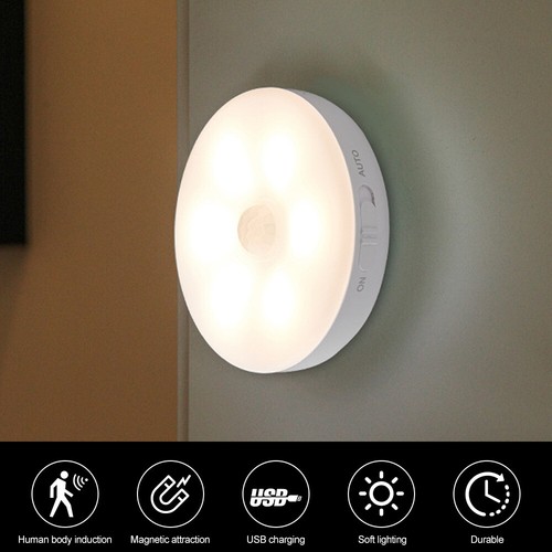 Night Light 6LED Motion Sensor Lights Wireless Cabinet Stair Lamp USB Charging - Picture 1 of 12