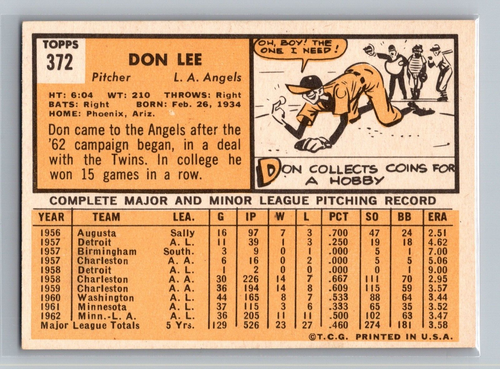 1963 Topps Don Lee #372 - Los Angeles Angels - EX+ - Picture 2 of 2