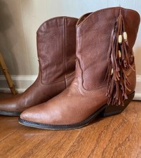 Vintage Zodiac Leather Ankle Boots Western Stacked Heel Fringes Sz 9M Made USA