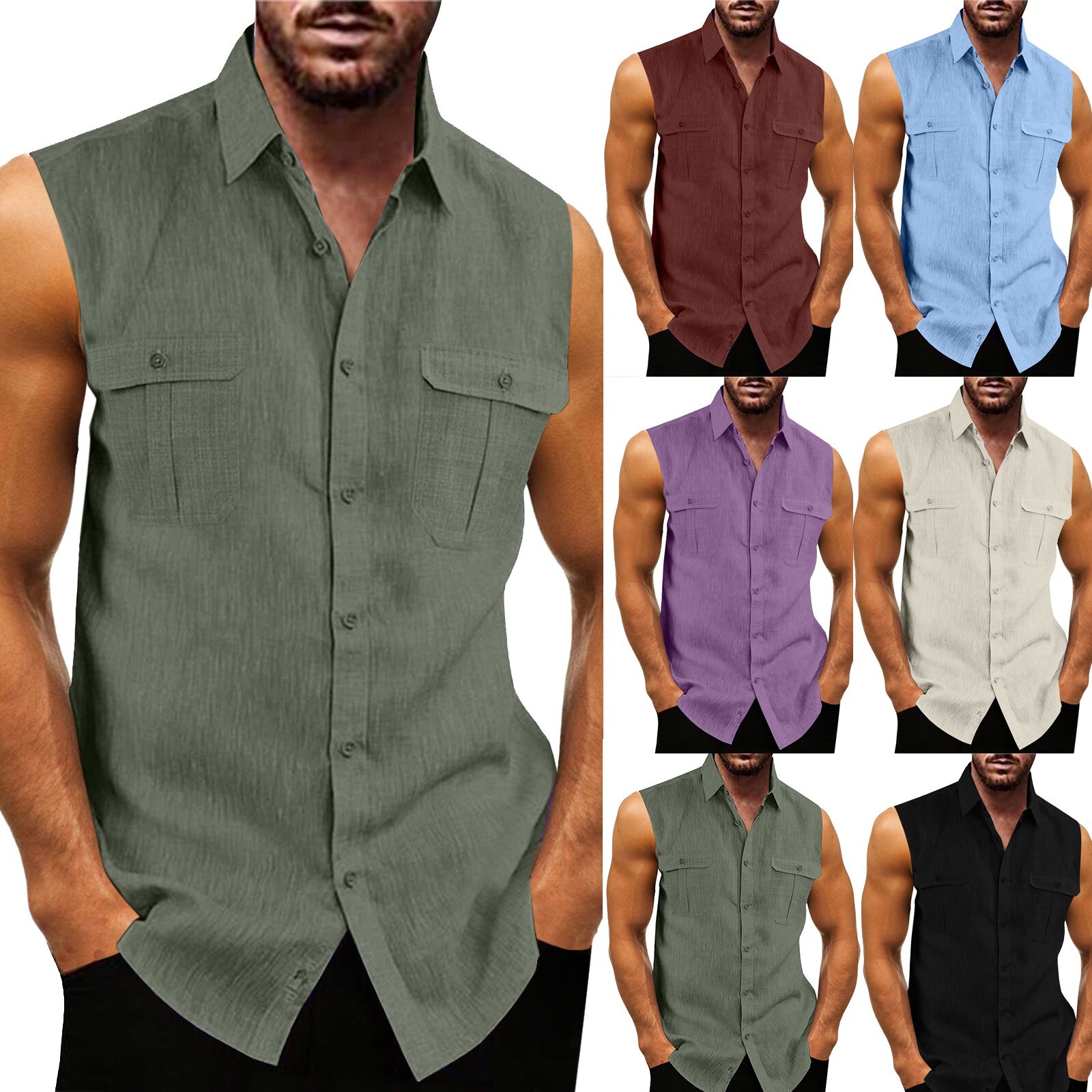 Men Sleeveless Dress Shirts Button Down Collar Slim Fit Casual Plain