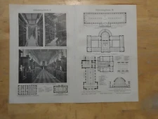 Genuine(1908) Woodblock Library Building I-IV Boston Greifswald Augsburg (N14)