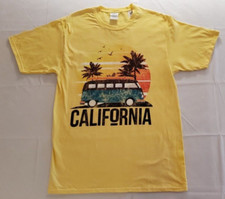 Mens Lemon Yellow T-Shirt Size M California VW Van Design Short Sleeve Crew Neck