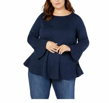 Style & CO Womens Plus 1X Navy Long Bell Sleeve Ruffle Hem Knit Sweater NWT N31