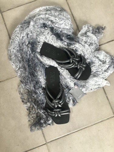 Zara Black Leather Woven Tubular Striped Mule Slide Sandals UK7 EU40 US9 # 414 - 第 1/8 張圖片