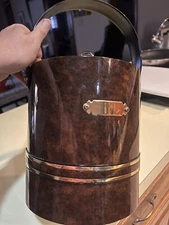 Shelton Ware Style Ice Bucket Insulated Faux Wood Dark Lacquer Lid Gold Trim